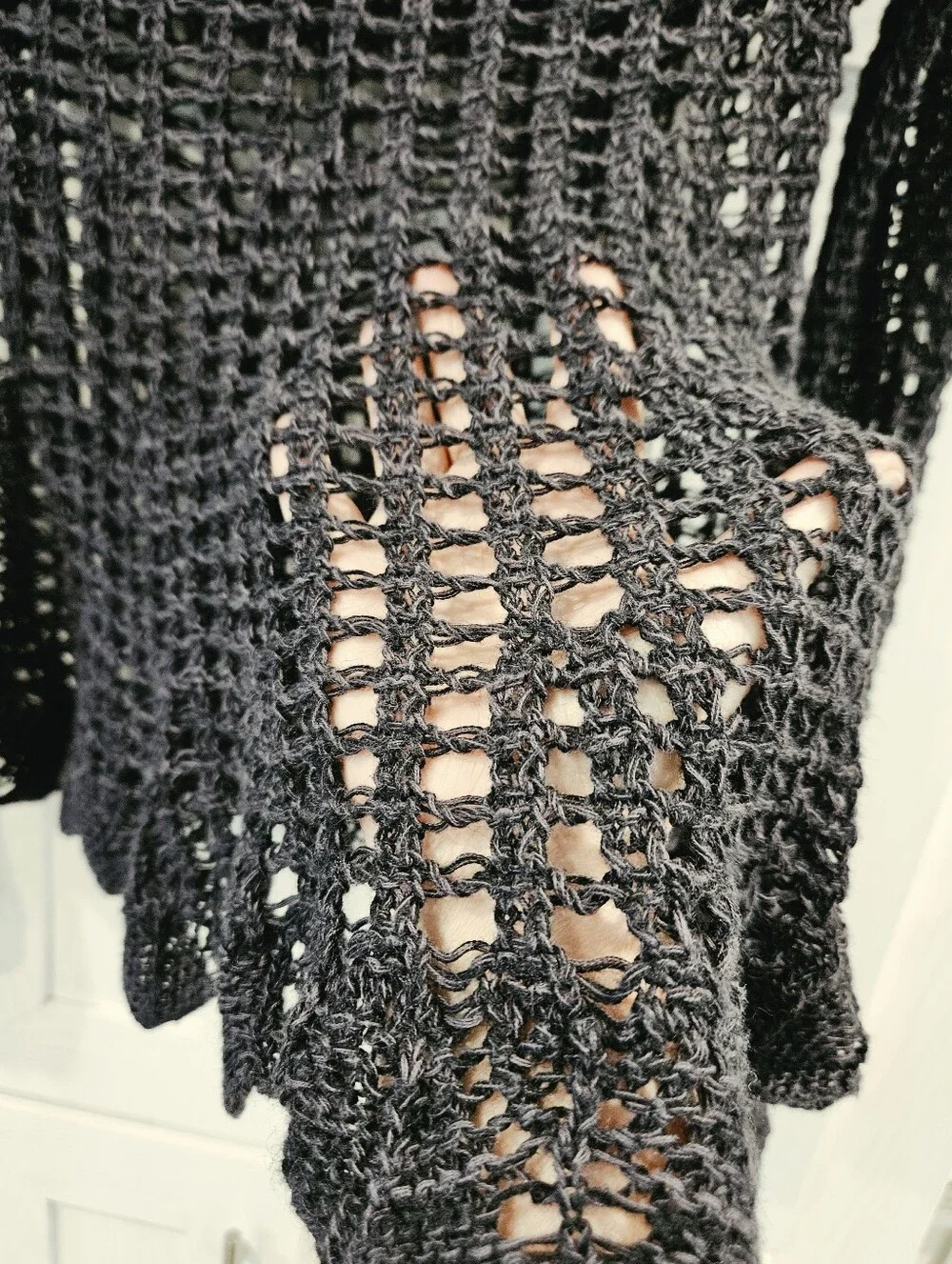 Free People Black Open Knit Crochet Bell Sleeve Sweater Boho Festival Beach